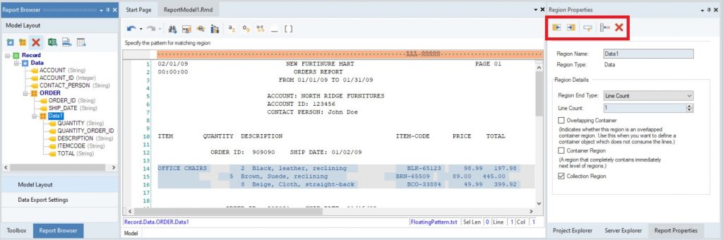 Figure 2: The toolbar in the Region Properties - ReportMiner