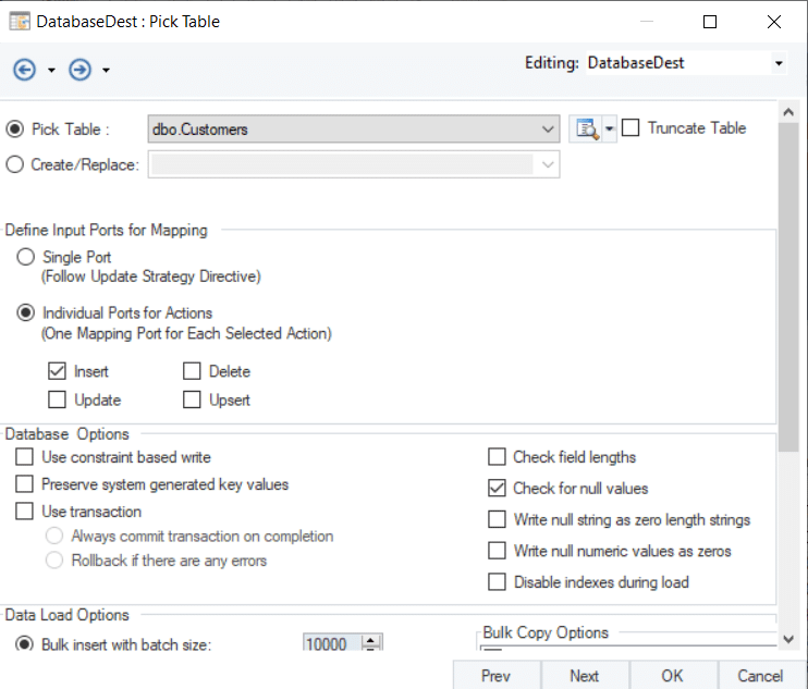 Configuring SQL Server database destination connector