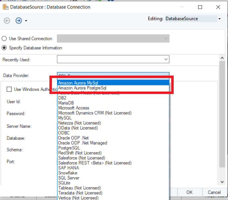 Figura 1: Conectores de base de datos de Amazon Aurora MySQL y PostgreSQL disponibles en el objeto de origen de la base de datos