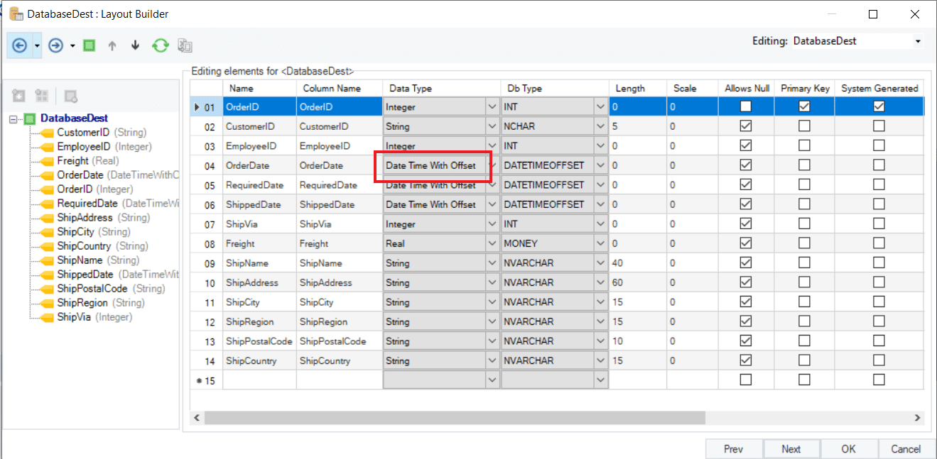 Figure 2: Selecting Date Time with Offset as the Data Type in the Layout Builder