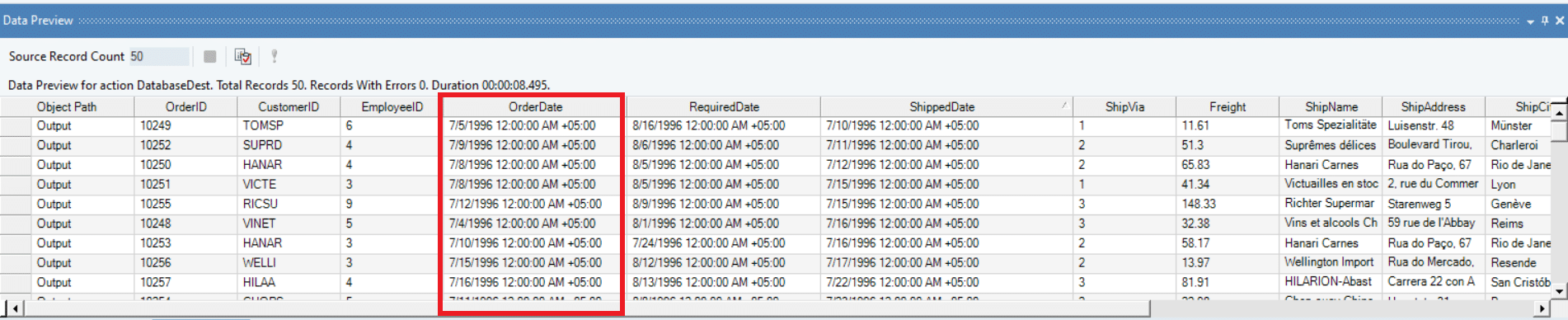 Figura 3: Resultado da data e hora com valor de deslocamento mostrado na visualização de dados