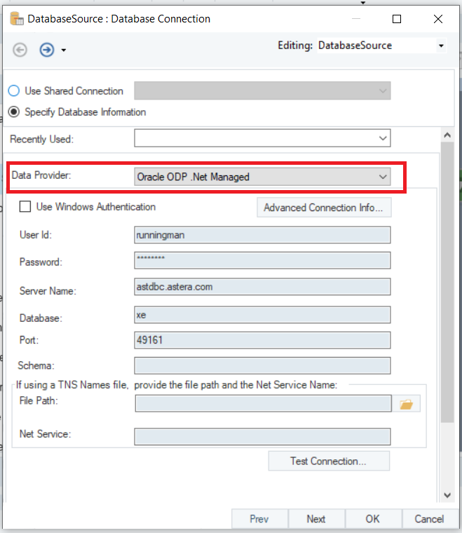 Configuring the Oracle database source object