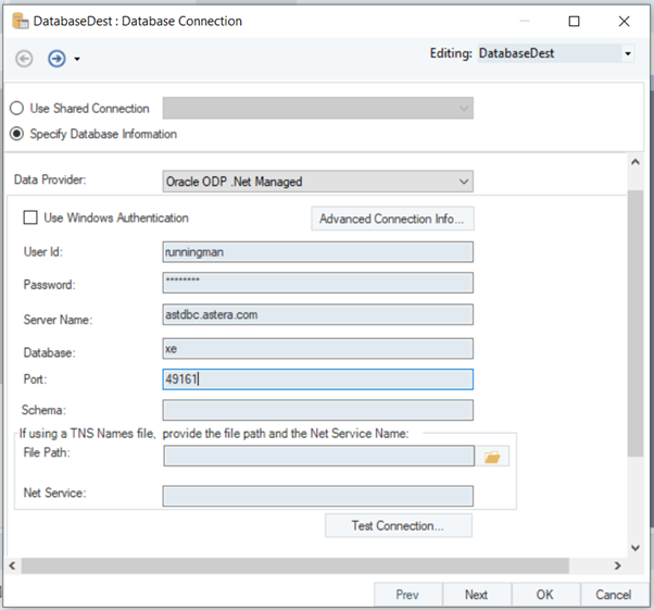 Configuring the Oracle database destination object