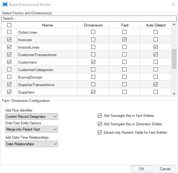 Ventana de configuración 'Crear un modelo de dimensión'