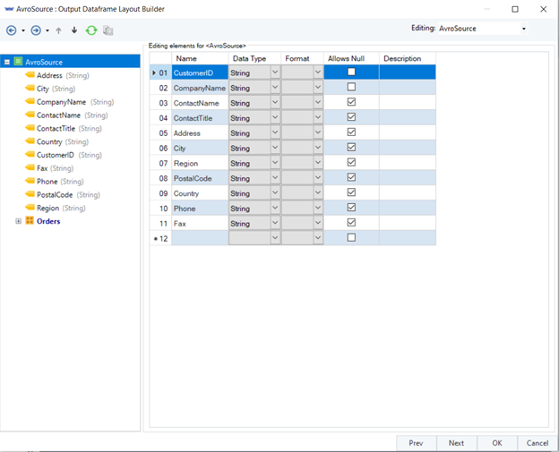 Avro Source Layout Builder-Bildschirm ein Astera Centerprise