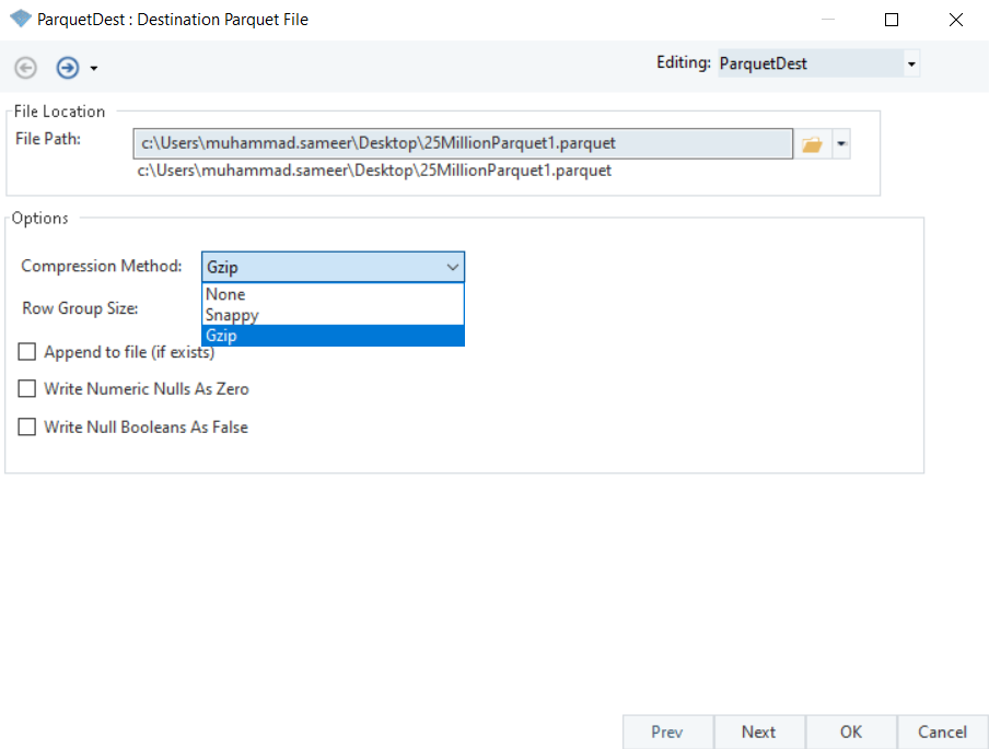 Parquet destination object