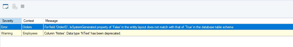 Este error de verificación muestra que el campo OrderID del modelo no es coherente con el OrderID de la base de datos, ya que no está marcado como una clave generada por el sistema. Simplemente lo marcamos correctamente en el generador de diseño y avanzamos hacia la implementación después de eliminar los errores.