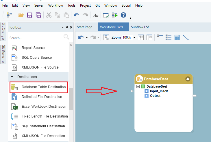 Adding a database destination object to the workflow in Astera.