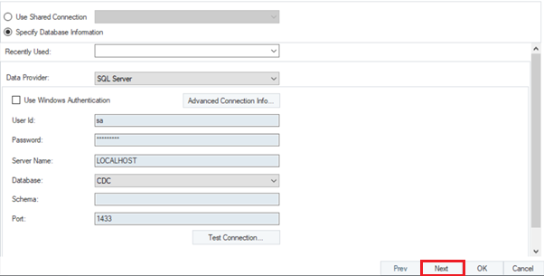 The database connection window in Astera.