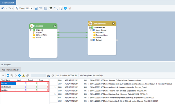 Job progress window during incremental CDC in Astera.