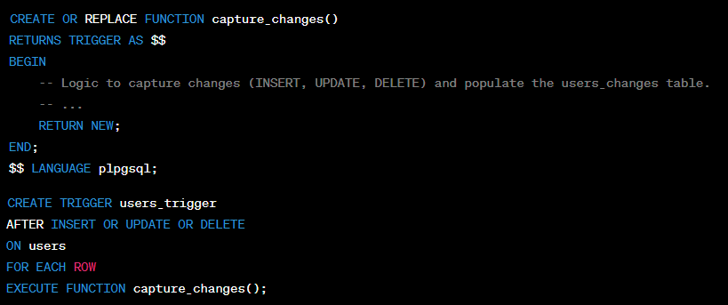 Code for 'capture_changes' trigger function and 'users_trigger' in Postgres.