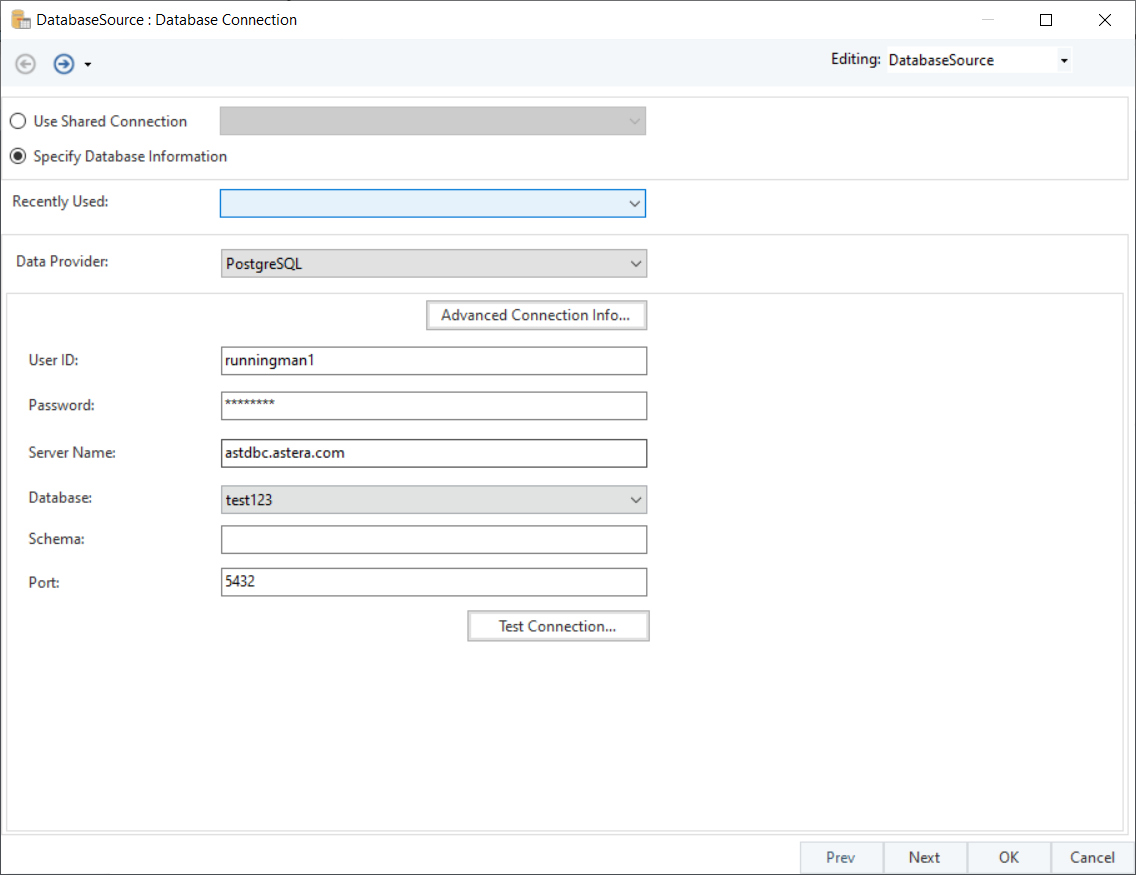 Configuring database connection in Astera.