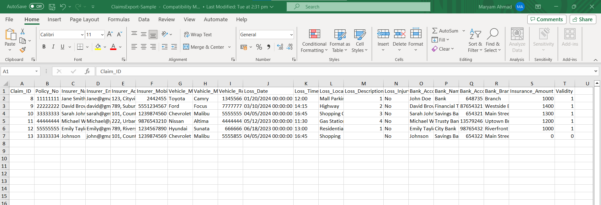 Completely Processed Data in an Excel File 