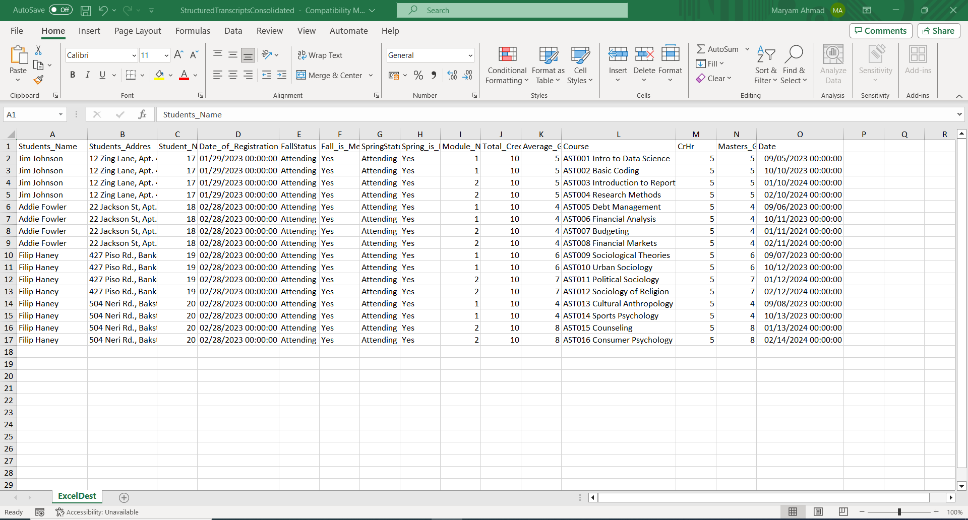 Data extracted to an Excel workbook after transcript processing.