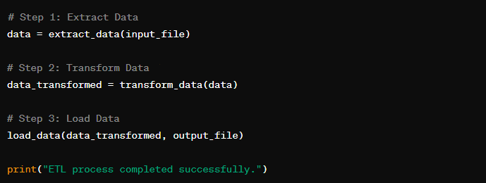 Code depicting the execution of the ETL process in Python.